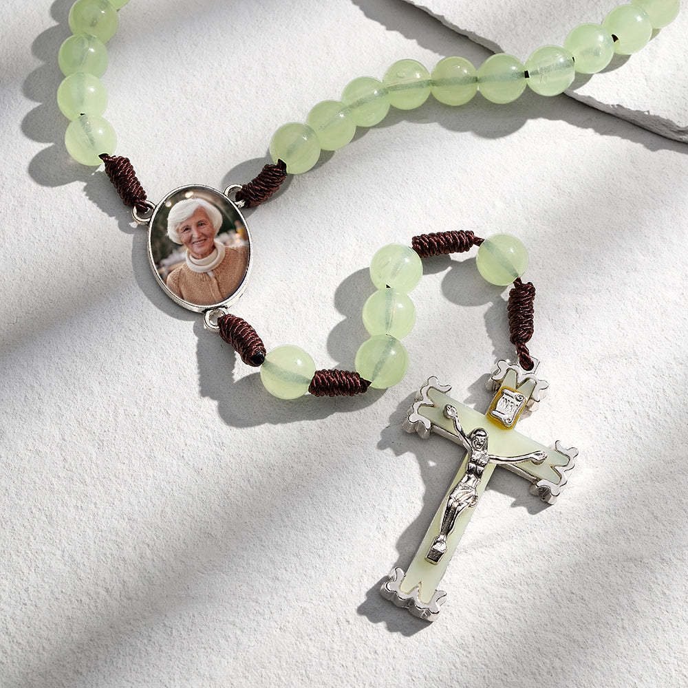 Custom Rosary Beads Cross Necklace Personalized Retro Acrylic Luminous Necklace with Photo - soufeeluk