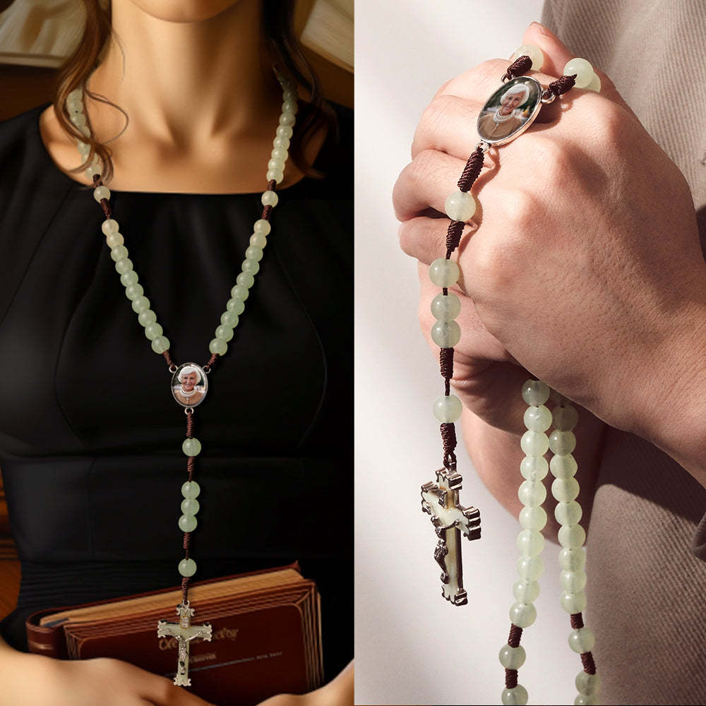 Custom Rosary Beads Cross Necklace Personalized Retro Acrylic Luminous Necklace with Photo - soufeeluk