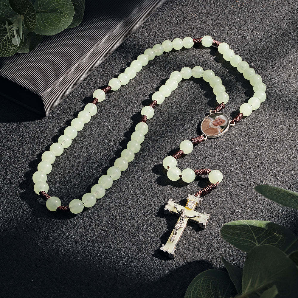 Custom Rosary Beads Cross Necklace Personalized Retro Acrylic Luminous Necklace with Photo - soufeeluk