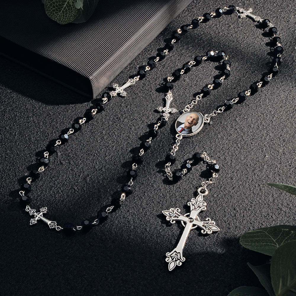 Custom Rosary Beads Cross Necklace Personalized Gothic Cross Necklace with Photo - soufeeluk
