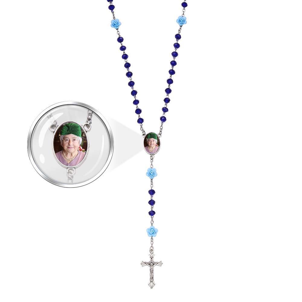 Custom Rosary Beads Cross Necklace Personalized Rose Crystal Necklace with Photo - soufeeluk
