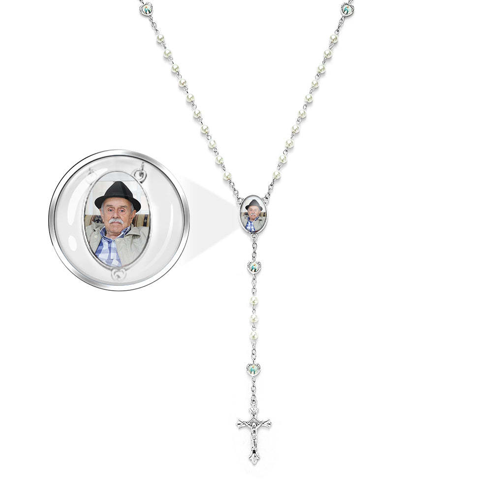 Custom Rosary Beads Necklace Personalized Glass Imitation Pearls Cross Necklace with Photo - soufeeluk