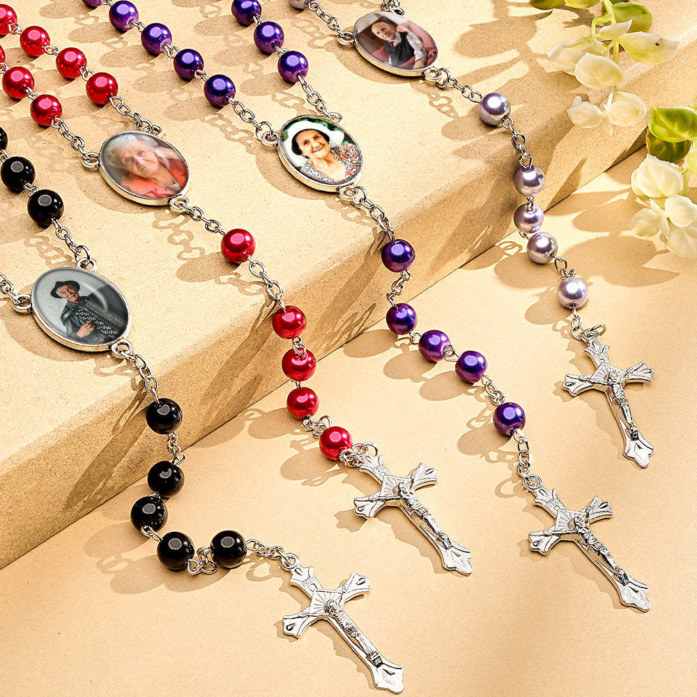 Custom Rosary Beads Cross Necklace Personalized Glass Imitation Pearls Necklace with Photo - soufeeluk