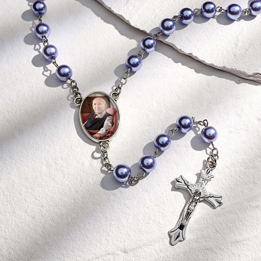Custom Rosary Beads Cross Necklace Personalized Glass Imitation Pearls Necklace with Photo - soufeeluk