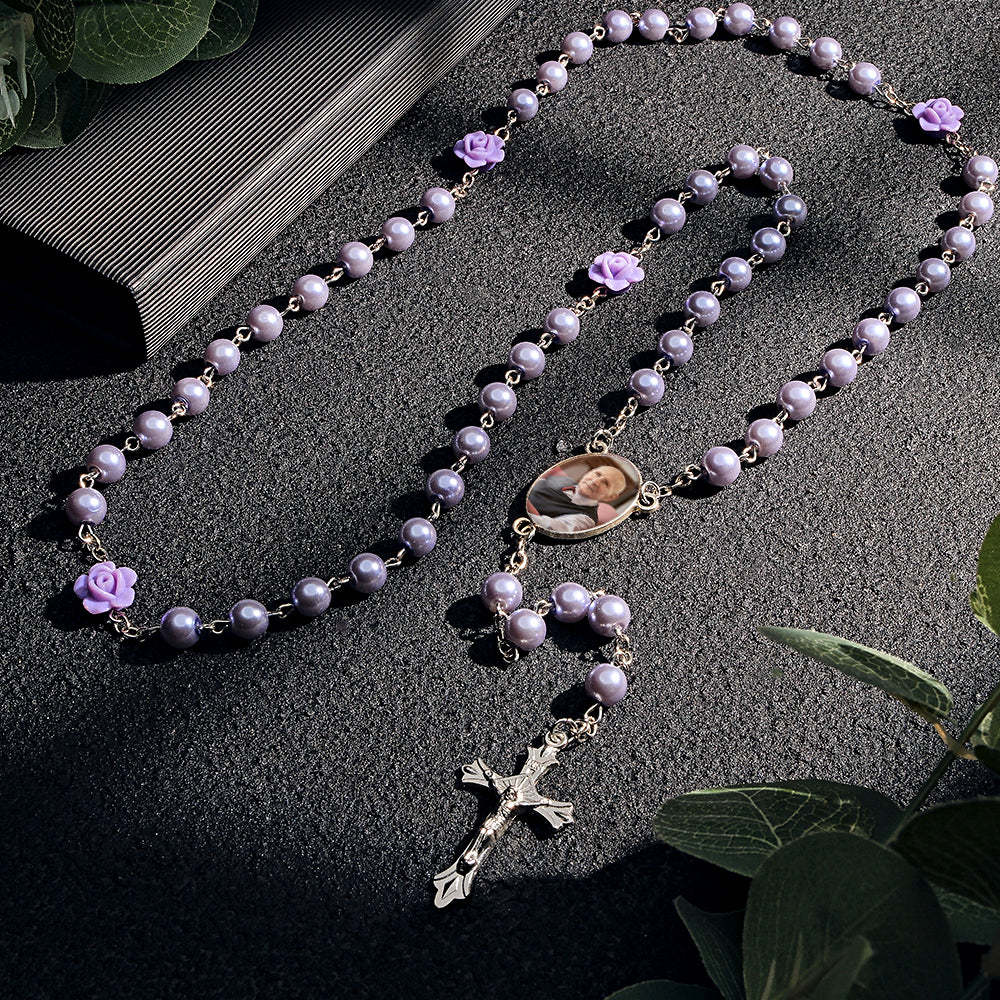 Custom Rosary Beads Cross Necklace Personalized Glass Imitation Pearls Necklace with Photo - soufeeluk