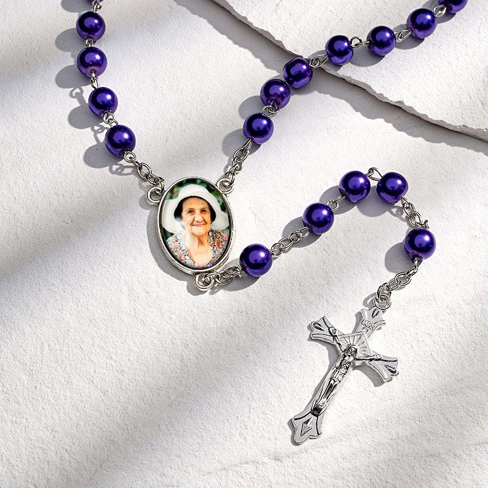 Custom Rosary Beads Cross Necklace Personalized Glass Imitation Pearls Necklace with Photo - soufeeluk