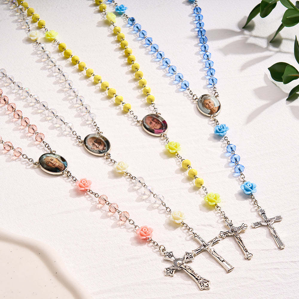 Custom Rosary Beads Cross Necklace Personalized Hip-Hop Style Multi-Color Crystal Necklace with Photo - soufeeluk