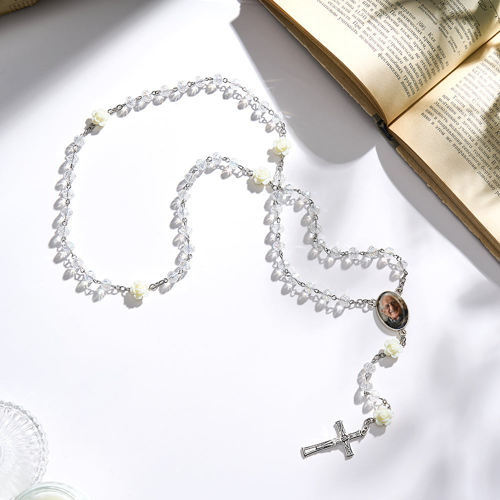 Custom Rosary Beads Cross Necklace Personalized Hip-Hop Style Multi-Color Crystal Necklace with Photo - soufeeluk