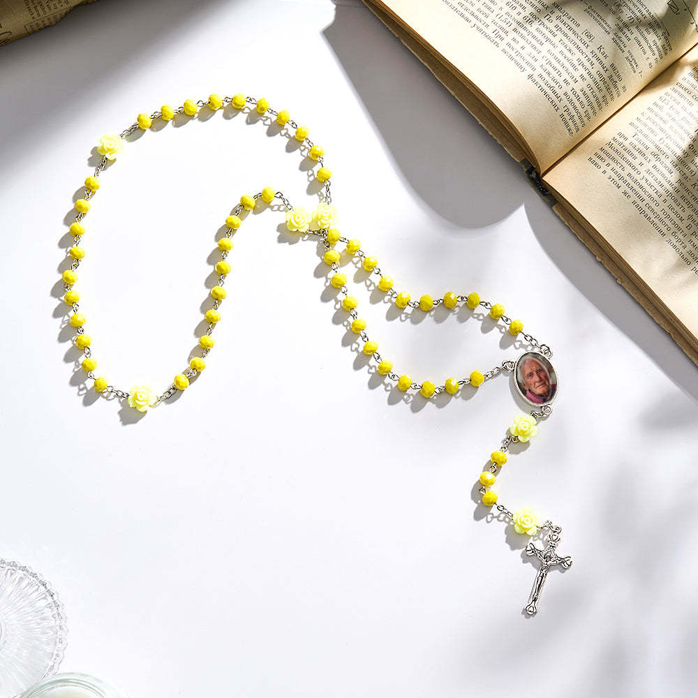 Custom Rosary Beads Cross Necklace Personalized Hip-Hop Style Multi-Color Crystal Necklace with Photo - soufeeluk