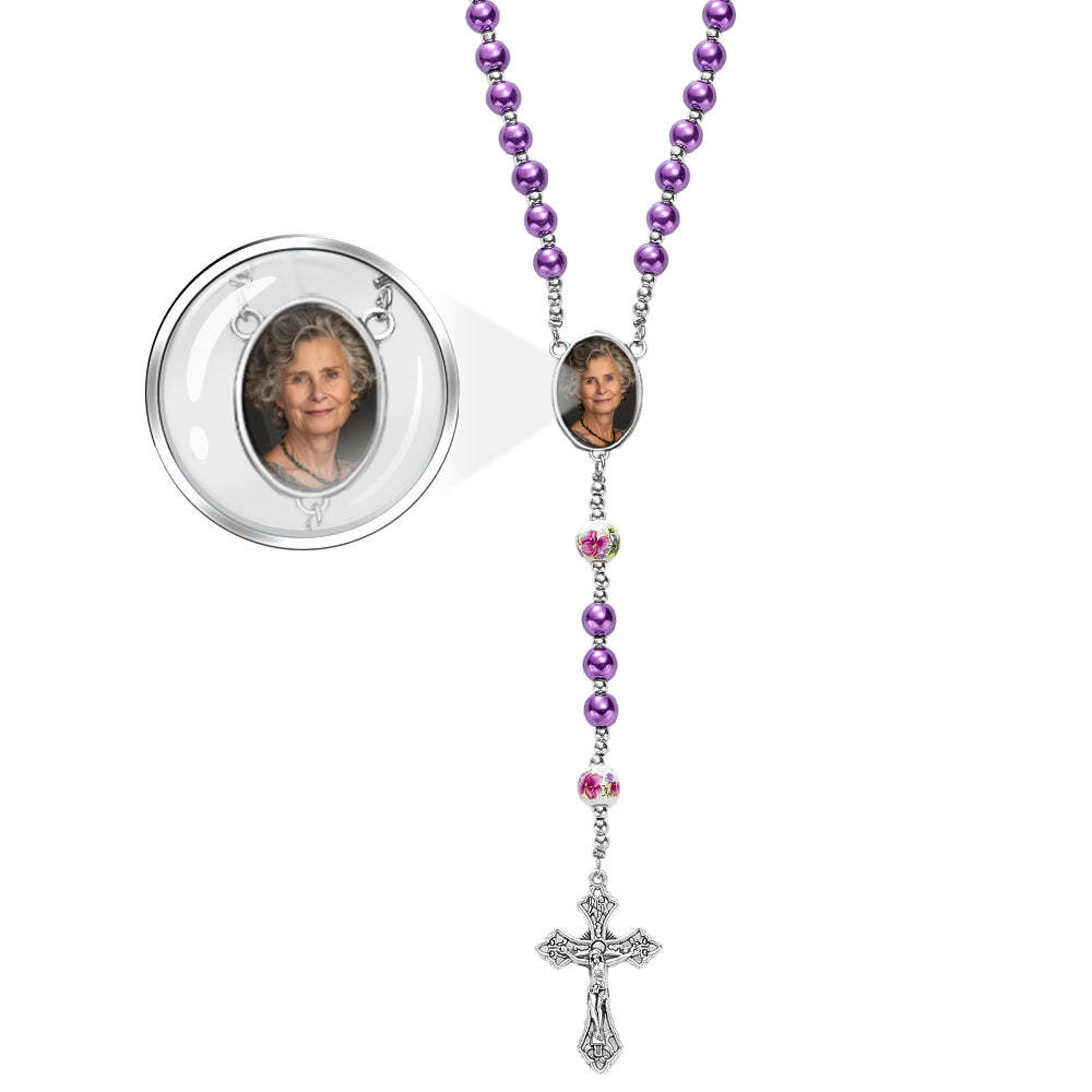 Custom Rosary Beads Cross Necklace Personalized Ceramic Rose Glass Imitation Pearl Necklace with Photo - soufeeluk