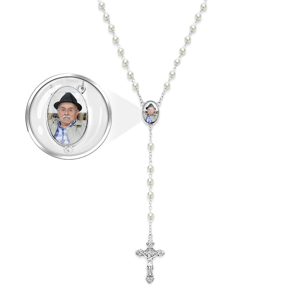 Custom Rosary Beads Cross Necklace Personalized White Imitation Pearls Necklace with Photo - soufeeluk