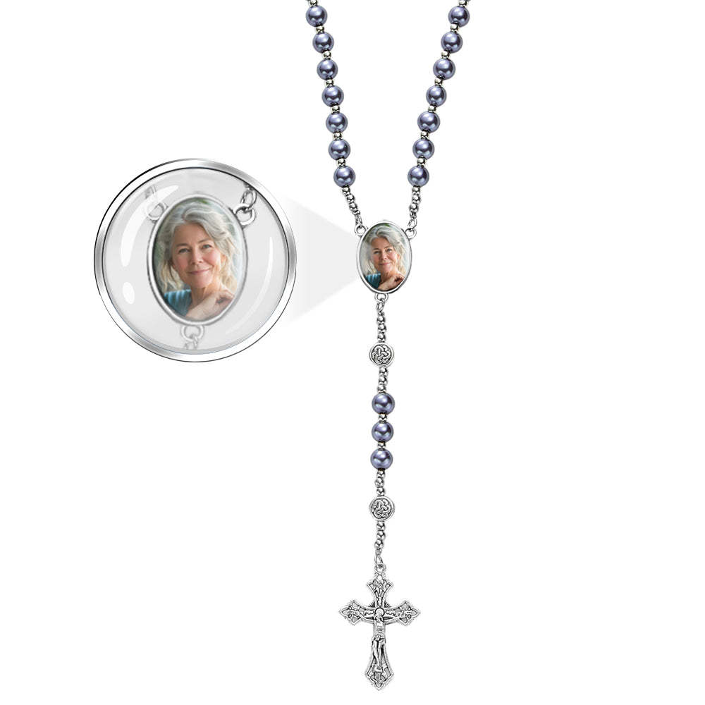 Custom Rosary Beads Cross Necklace Personalized Retro Glass Imitation Pearl Hollow Necklace with Photo - soufeeluk