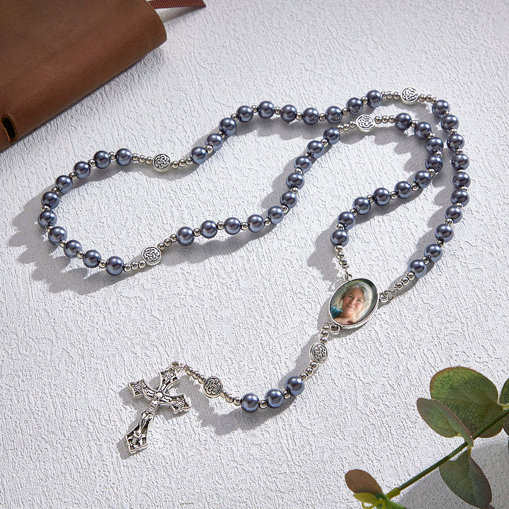 Custom Rosary Beads Cross Necklace Personalized Retro Glass Imitation Pearl Hollow Necklace with Photo - soufeeluk
