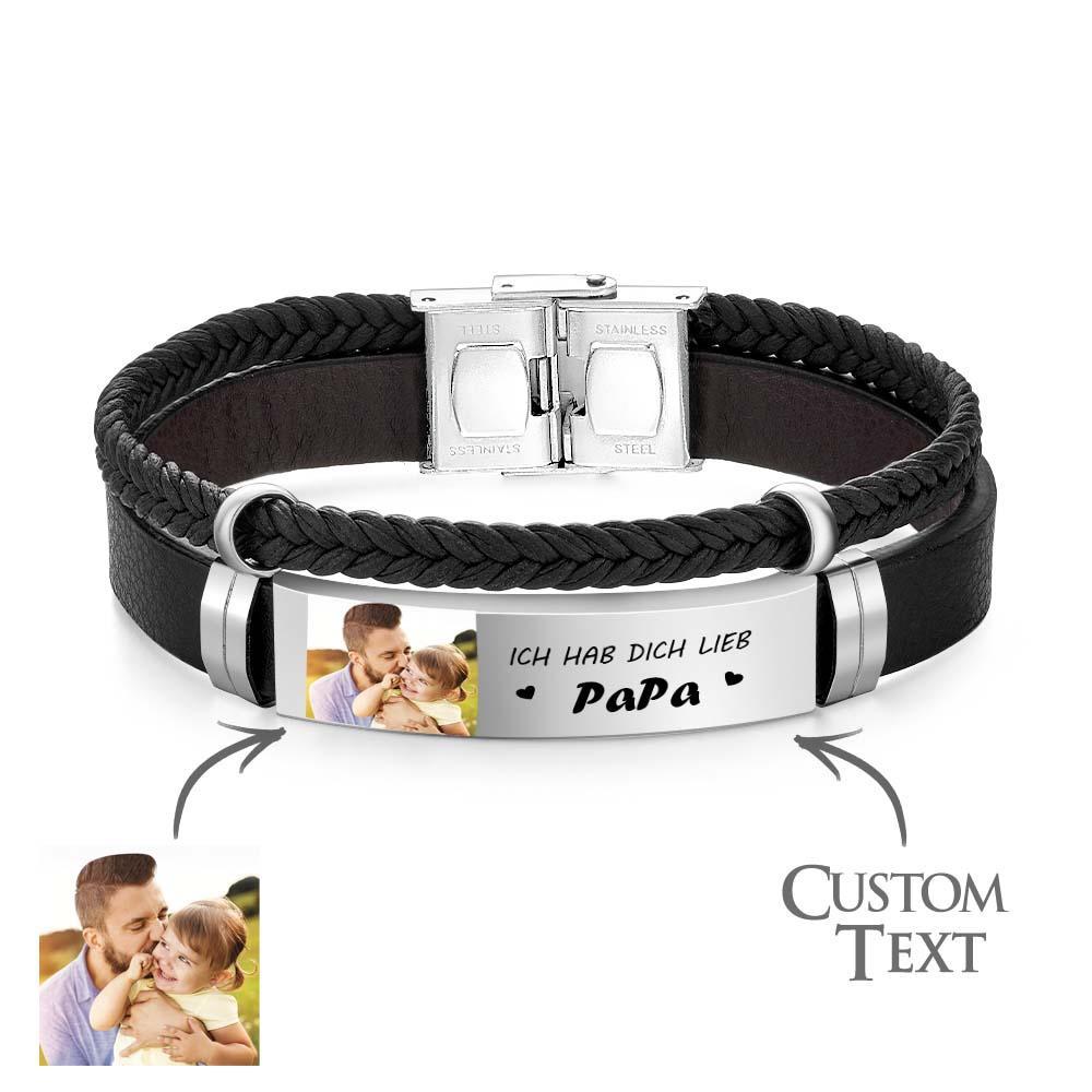 Personalised Photo Leather Bracelet With Text Braided Bangle Father's Day Gifts