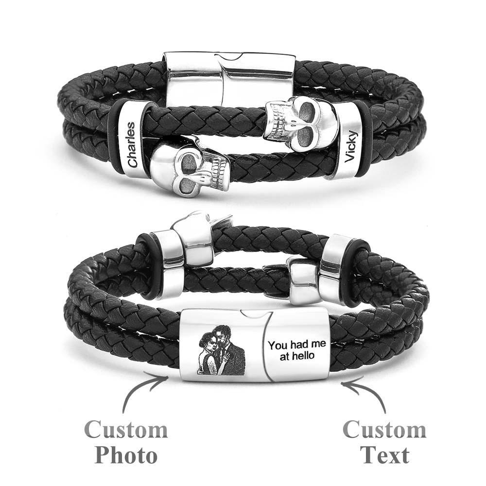 Custom Photo Skull Leather Bracelet Personalised Engraved Multi-layer Braided Bracelet Gifts For Men