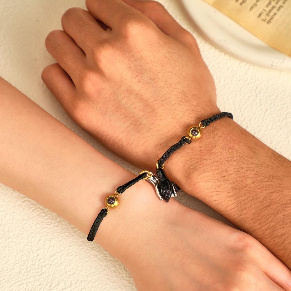 Custom Engraved Bracelet Magnetic Shake Hands Couple Gift - soufeeluk