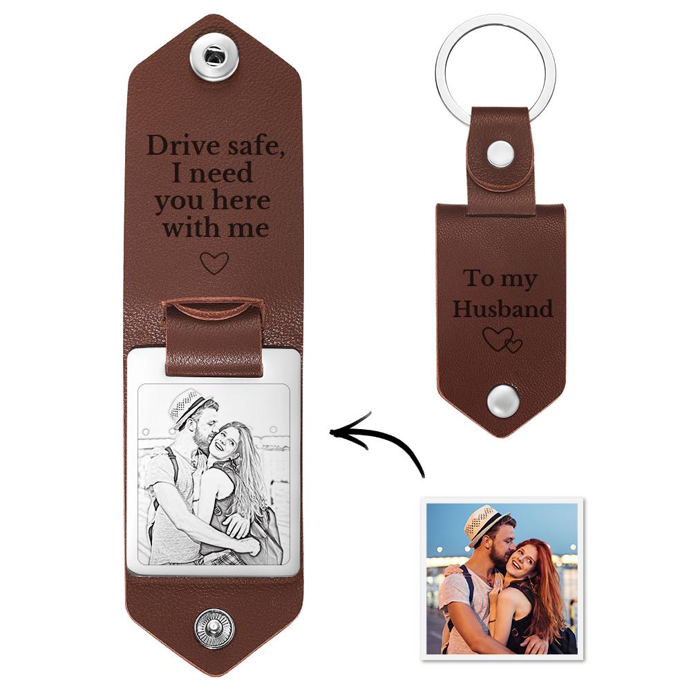 Personalized Leather Keychain Drive Safe Significant Photo Keychain Anniversary Gift For Him - soufeeluk