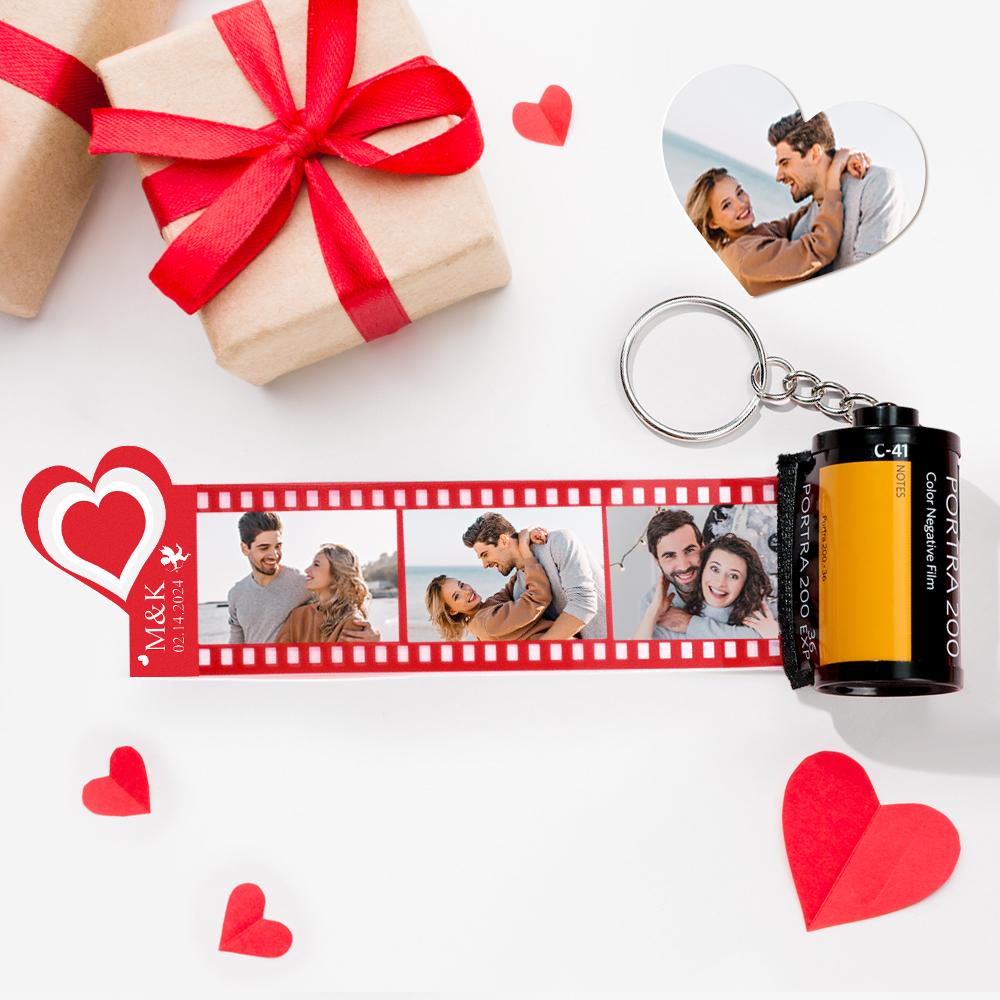 Red Love Heart Photo Film Roll Keychain Personalised Pullable Camera Keychain Valentine's Day Gifts For Couples - soufeeluk