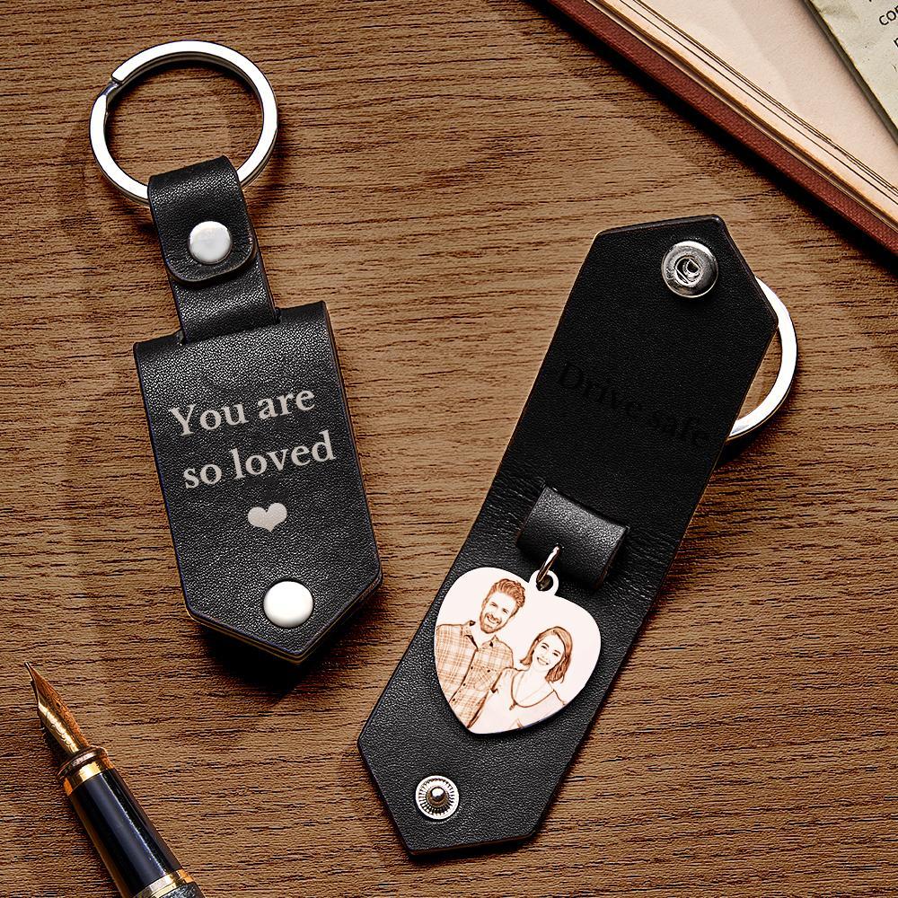 Custom Heart Shaped Photo Leather Keychain With Text Annivesary Gifts For Men - soufeeluk