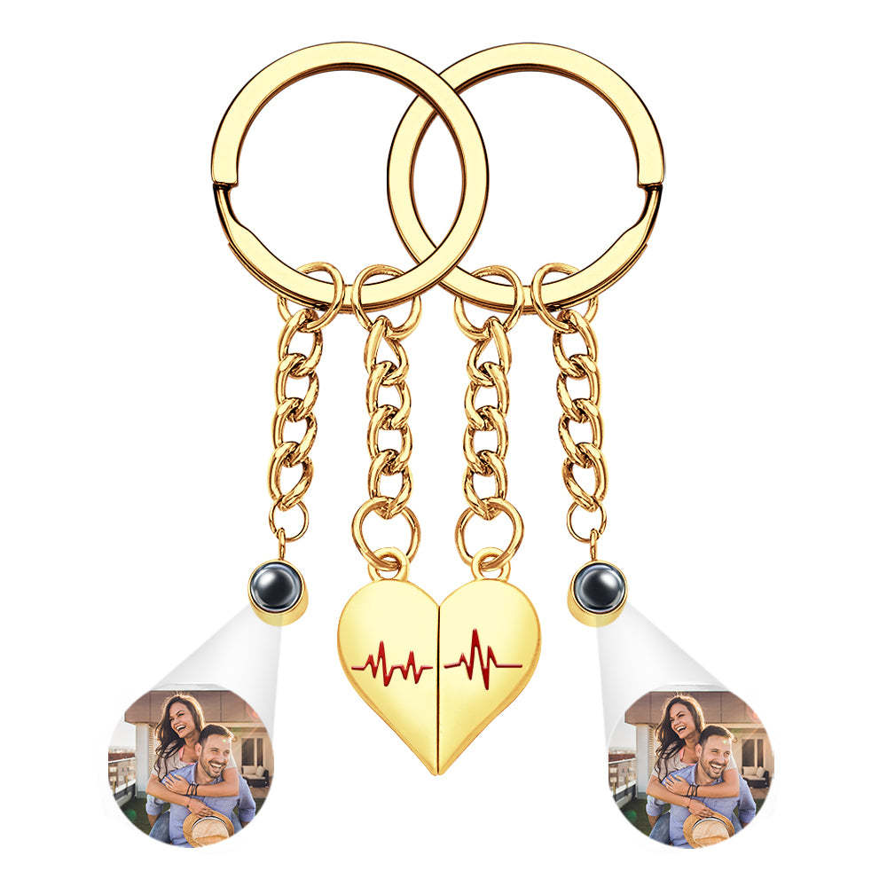 Custom Photo Heart Keychains Couple Projection Photo Magnetic Heartbeat Keyrings - soufeeluk