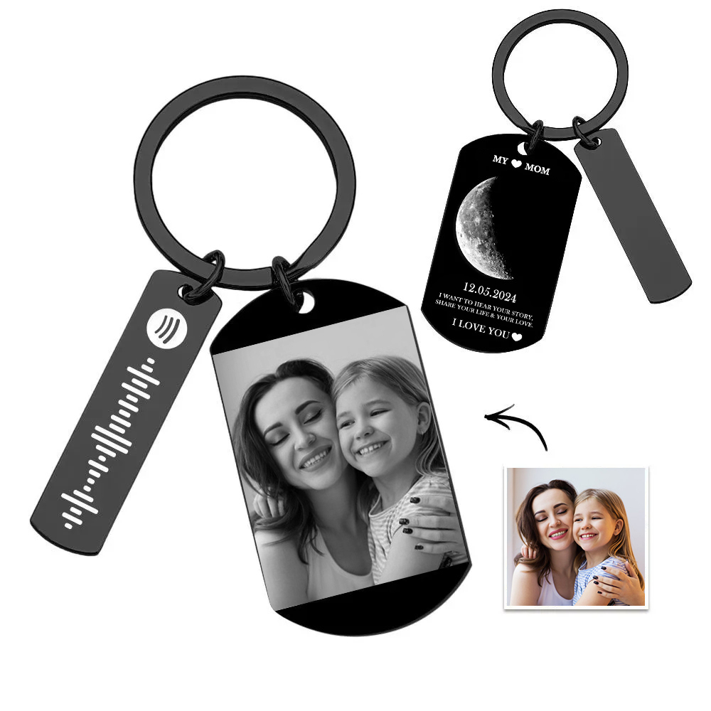 Custom Moon Phase Tag Keychain Personalized Spotify Custom Picture & Music Song Code Couples Photo Keyring Mother's Day Gift