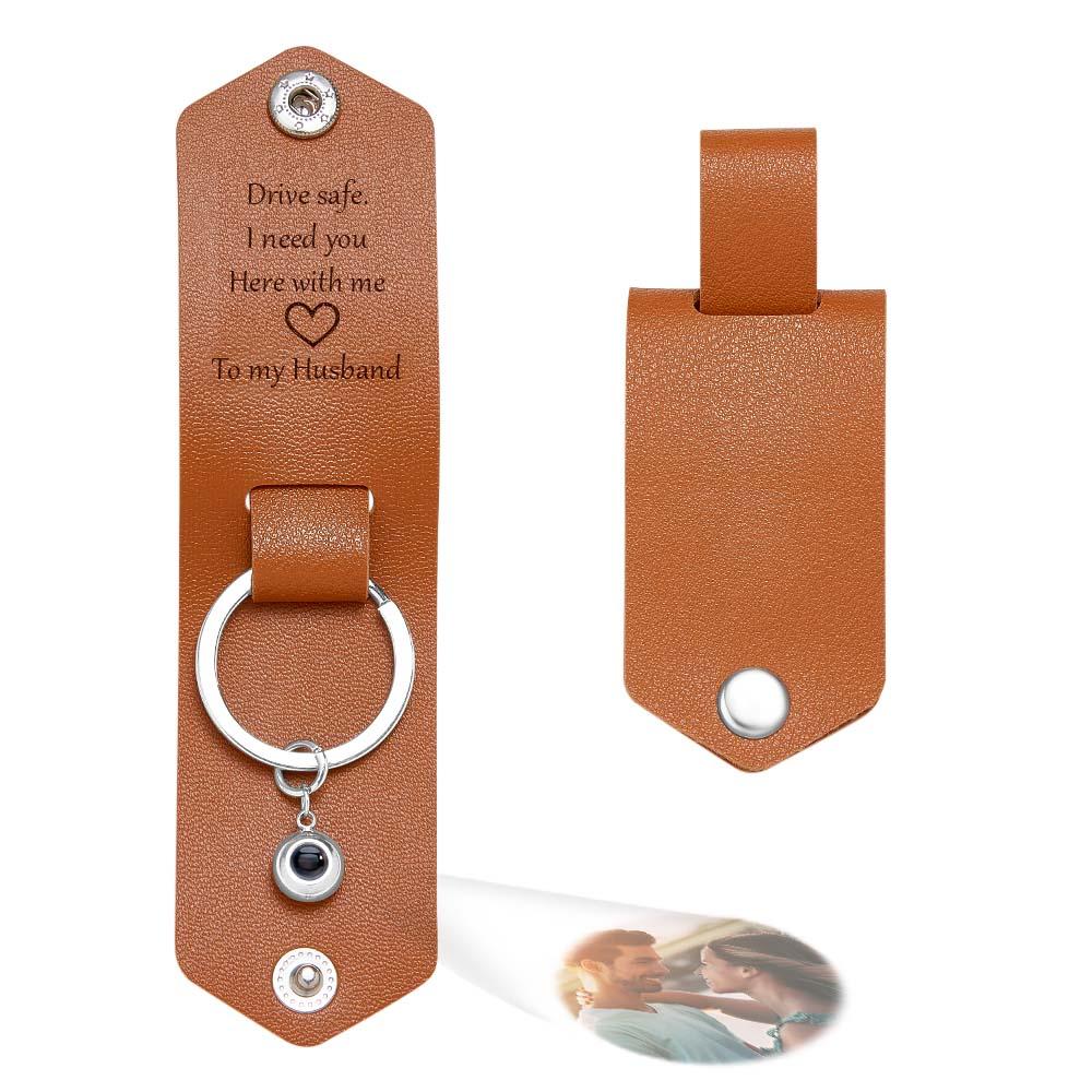 Custom Text Engraved Leather Keychain Personalised Photo Projection Gifts for Him - soufeeluk
