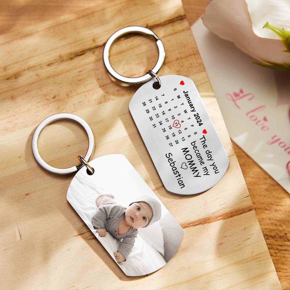 Custom Photo The Day You Became My Mommy Calendar Keychain Gift for Mother Personalised Aluminum Keyring - soufeeluk