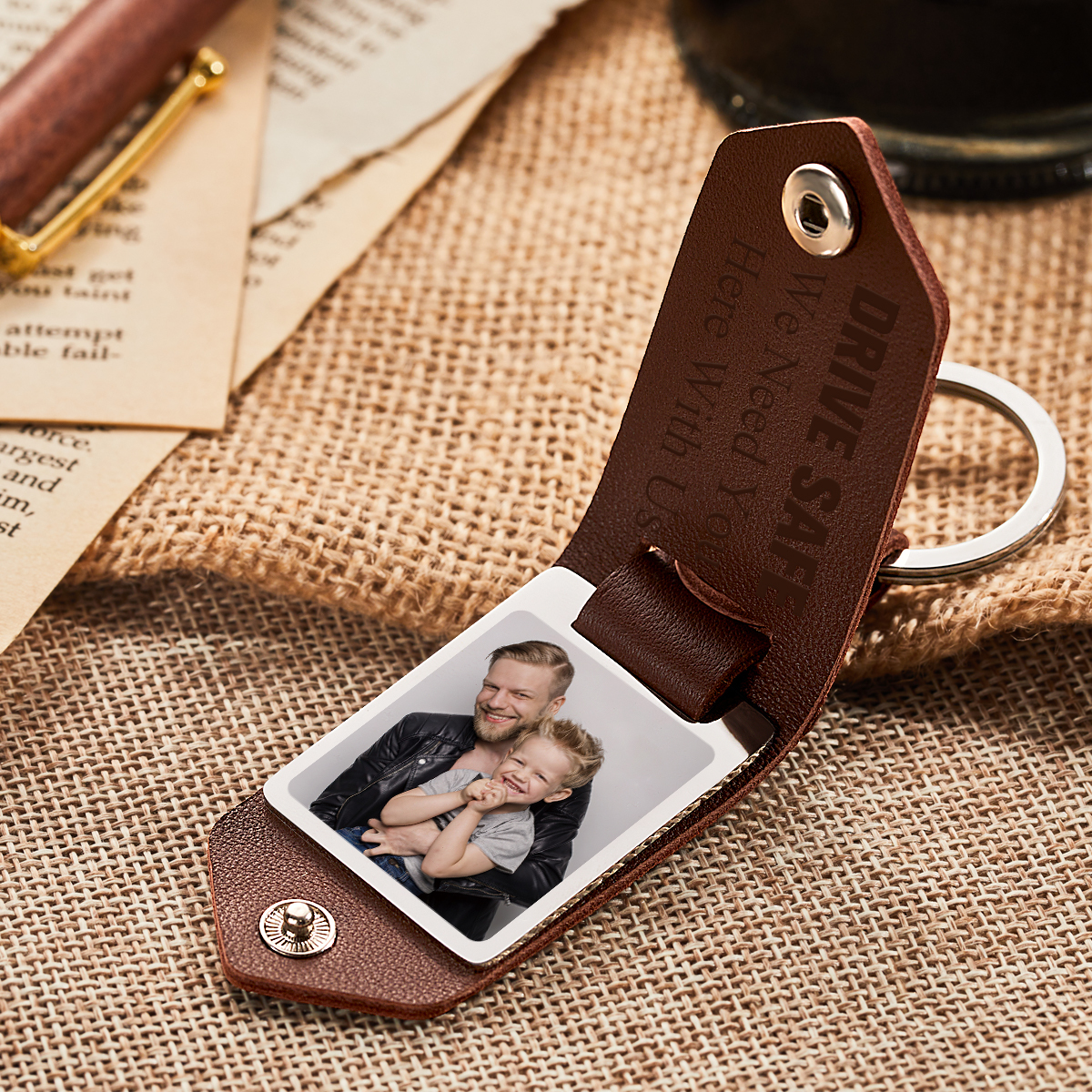 Custom Photo Dad Drive Safe With Kids Names Personalized Leather Photo Keychain Gift for Dad - soufeeluk
