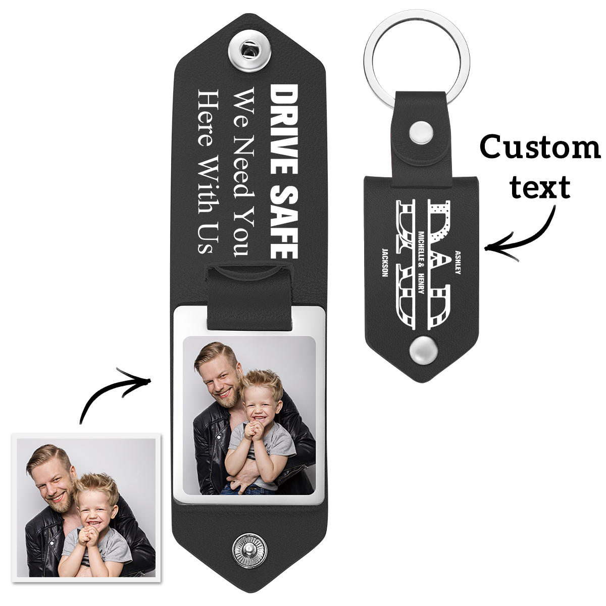 Custom Photo Dad Drive Safe With Kids Names Personalized Leather Photo Keychain Gift for Dad - soufeeluk