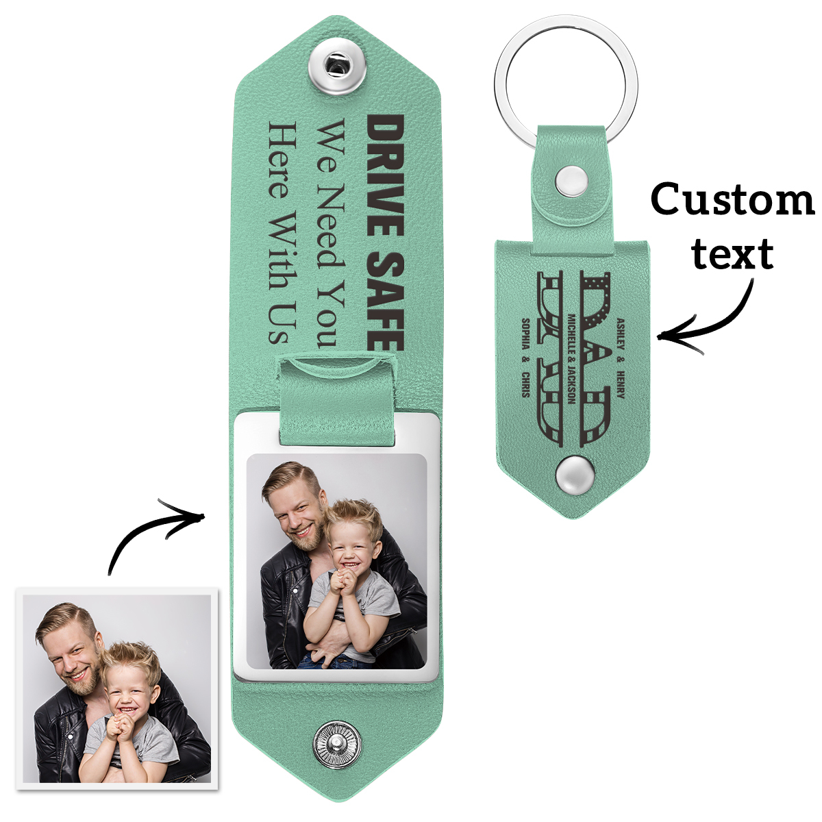 Custom Photo Dad Drive Safe With Kids Names Personalized Leather Photo Keychain Gift for Dad - soufeeluk