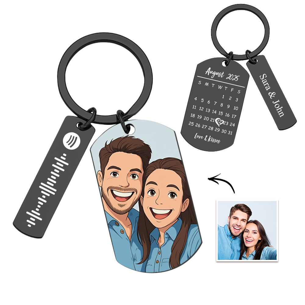 Personalized Spotify Calendar Keychain Gibli Style Custom Picture & Music Song Code Couples Photo Keyring Best Gifts