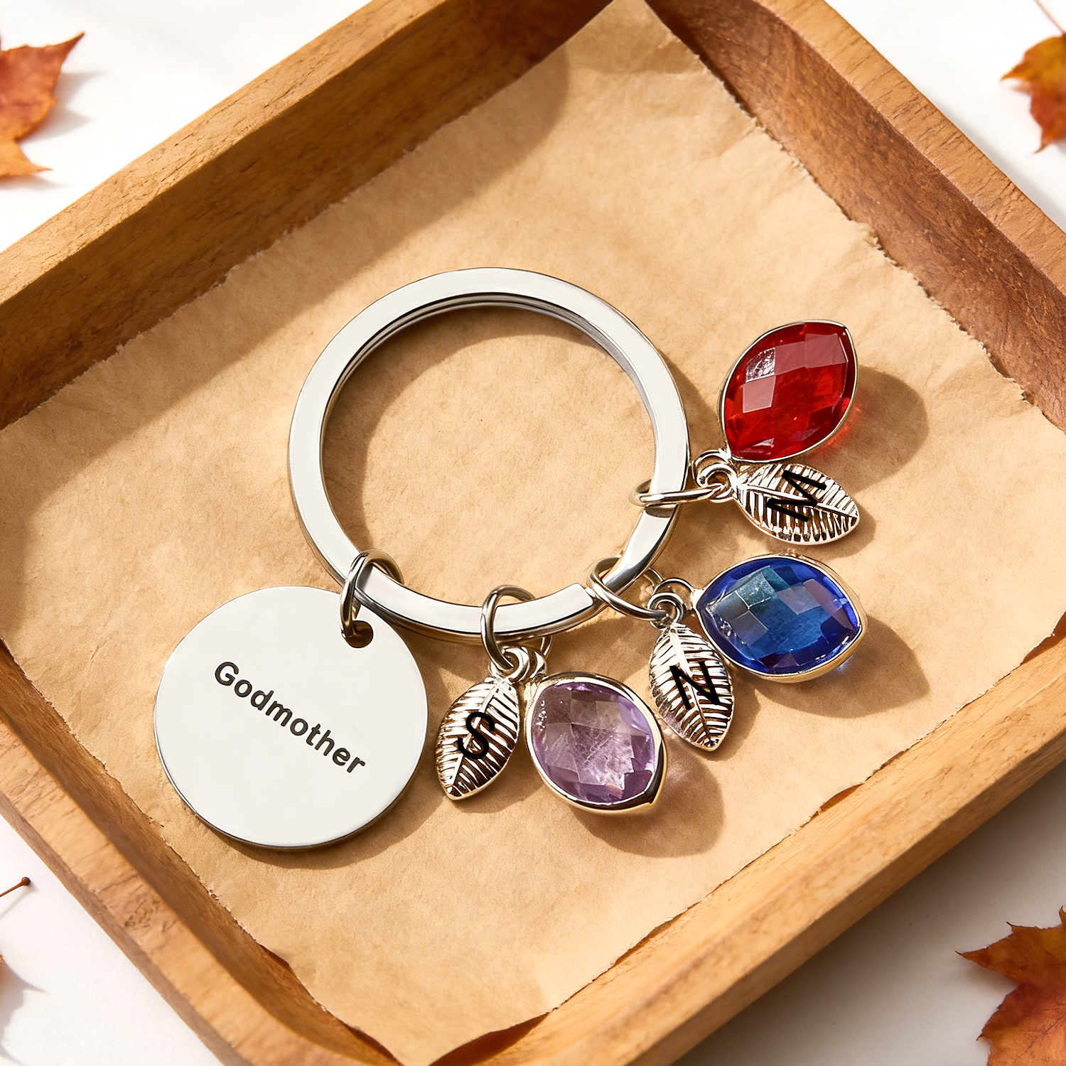 Custom Name Keychain Birthstone Keychain with Leaf Gift for Godmother Birthday Gift - soufeeluk