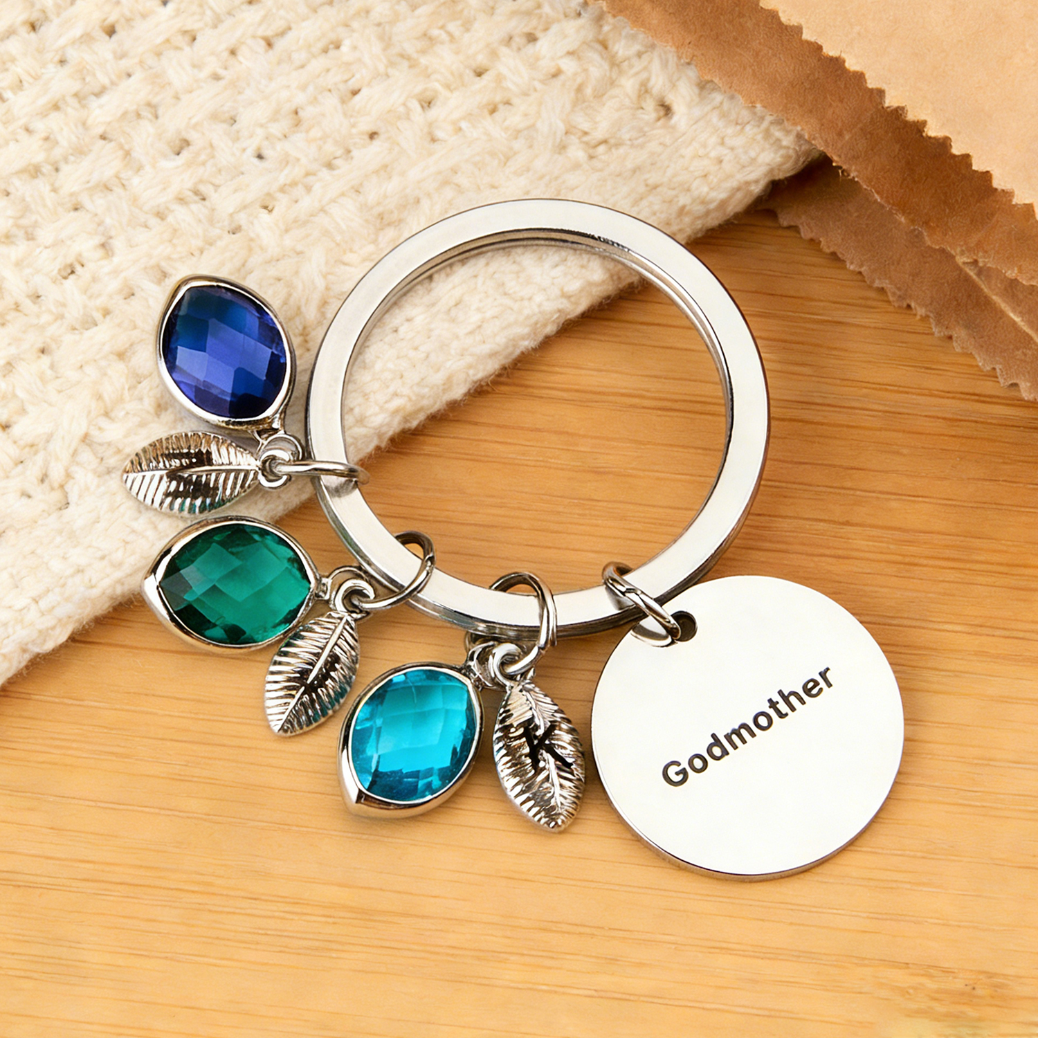 Custom Name Keychain Birthstone Keychain with Leaf Gift for Godmother Birthday Gift - soufeeluk