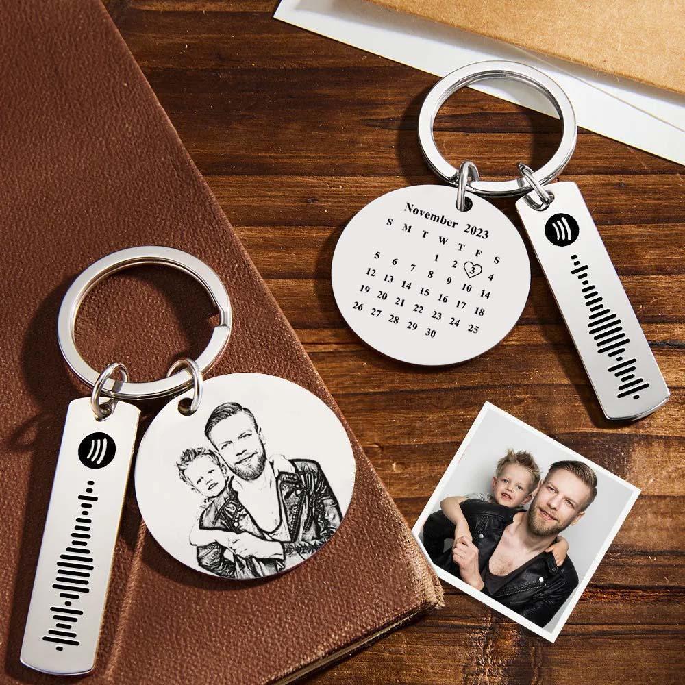 Custom Photo Calendar Spotify Keychain Personalised Stainless Steel Keychain Father's Day Gift