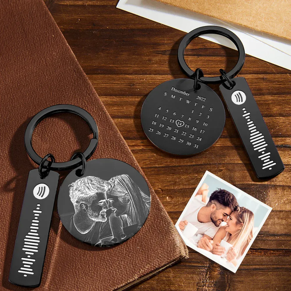 Personalised Calendar Keychain Special Day Significant Photo Heart Square Circle Shape Music Code Metal Keychain Anniversary Gift