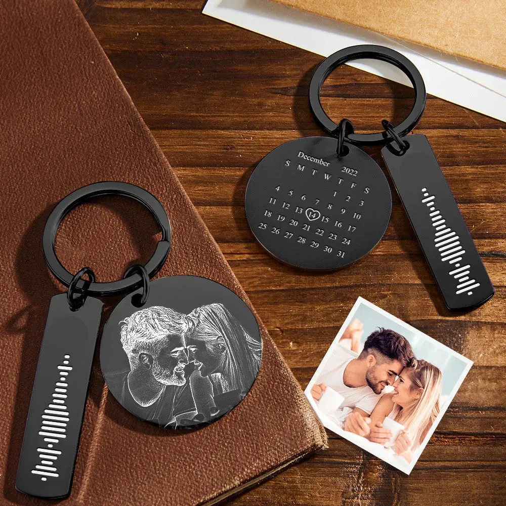 Personalised Calendar Keychain Special Day Significant Photo Heart Square Circle Shape Music Code Metal Keychain Anniversary Gift - soufeeluk