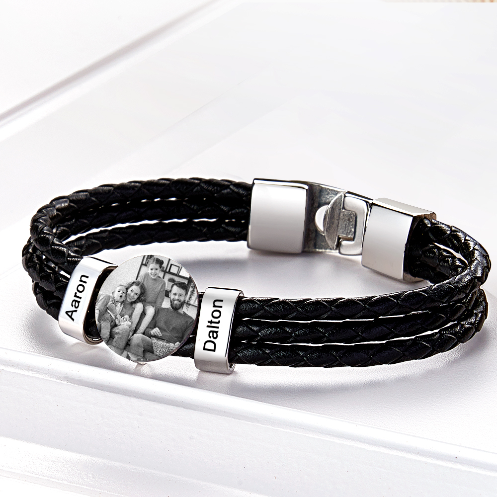Mens Leather Photo Bracelet with 2 Names Custom Family Name Photo Gifts for Dad Fathers Day Gifts - soufeeluk