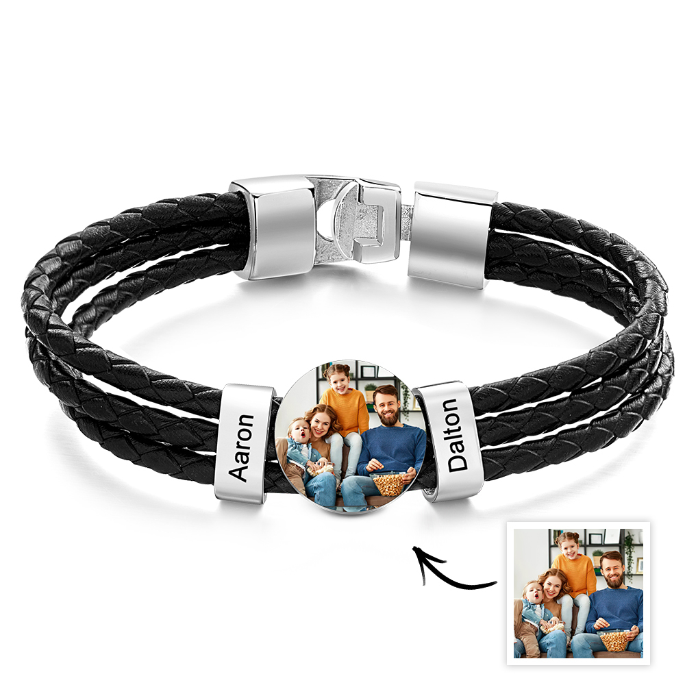 Mens Leather Photo Bracelet with 2 Names Custom Family Name Photo Gifts for Dad Fathers Day Gifts - soufeeluk
