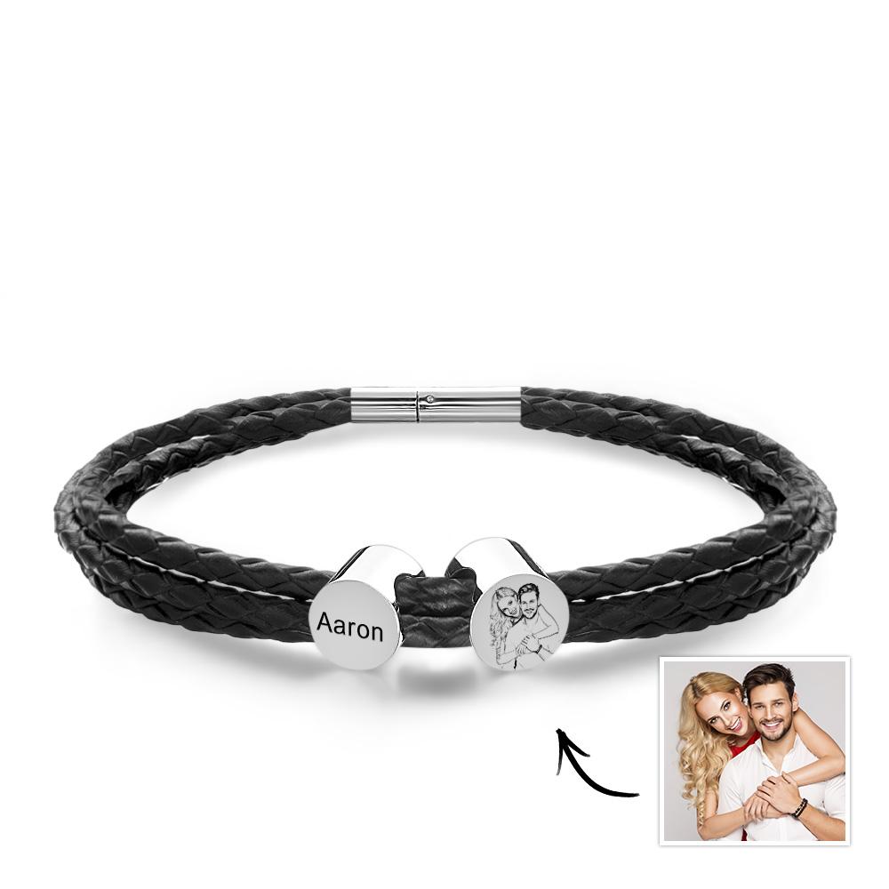Personalised Photo Leather Bracelet with Kids Names Custom 2-6 Beads Bracelet Mens Leather Bracelet Gift for Dad - soufeeluk