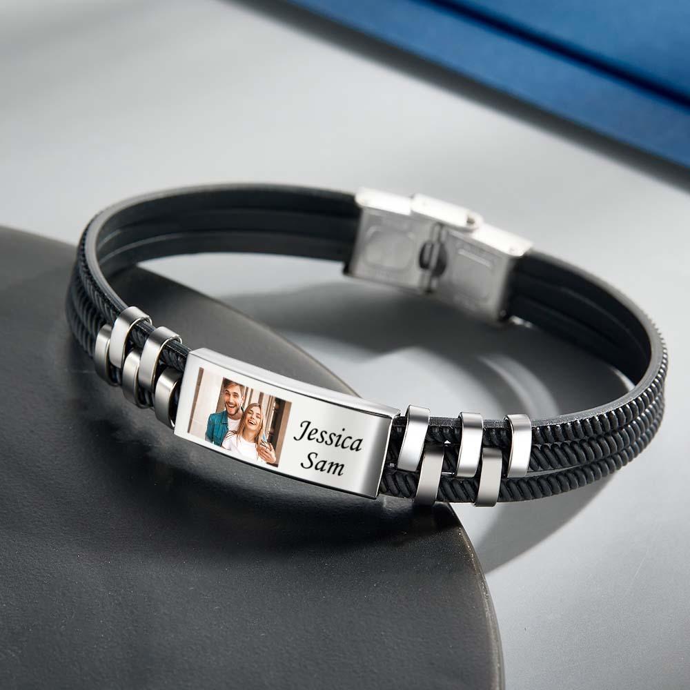 Custom Engraved Leather and Steel Men's Bracelet with Personalised Photo and Names Unique Gift for Him! - soufeeluk