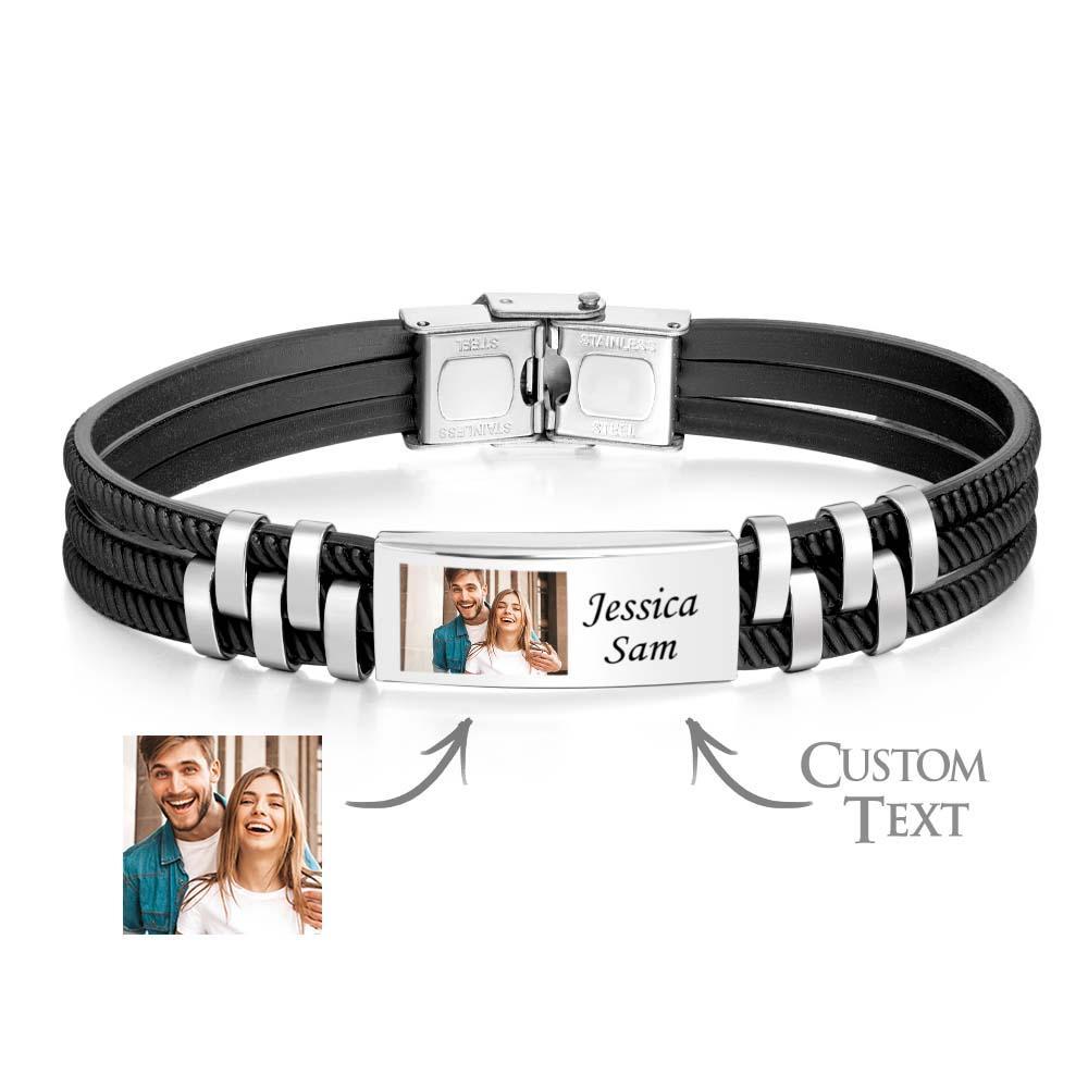 Custom Engraved Leather and Steel Men's Bracelet with Personalised Photo and Names Unique Gift for Him! - soufeeluk