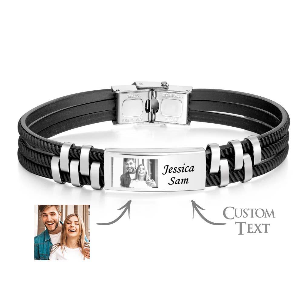Custom Engraved Leather and Steel Men's Bracelet with Personalised Photo and Names Unique Gift for Him!