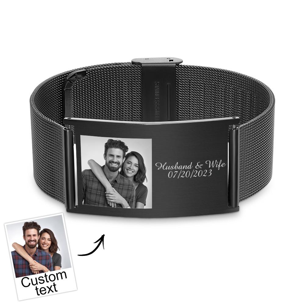 Custom Engraved Photo & Name Stainless Steel Retractable Wide Bracelet Personalised Image Jewellery Gifts for Men - soufeeluk