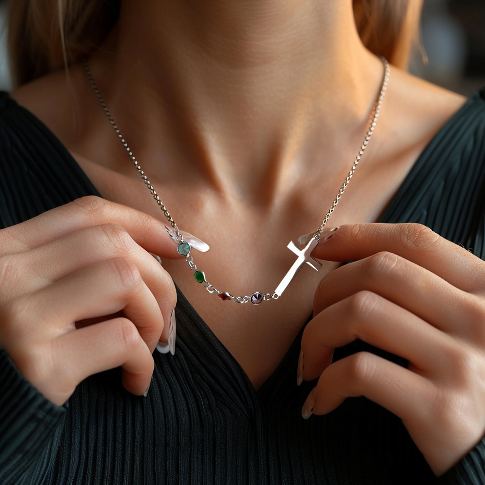 Personalised Birthstone Silver Cross Necklace Cross Family Birthstone Necklace