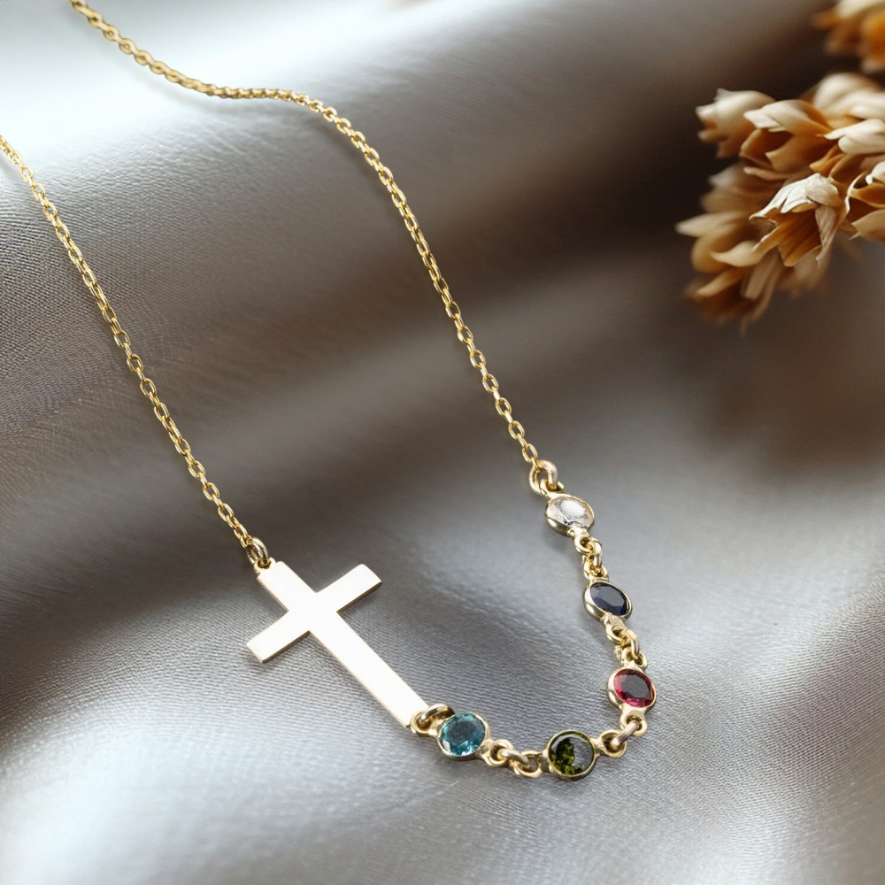 Personalised Birthstone Silver Cross Necklace Cross Family Birthstone Necklace