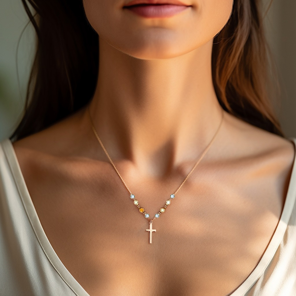 Personalised Cross with Tiny birthstone necklace - Family tree necklace