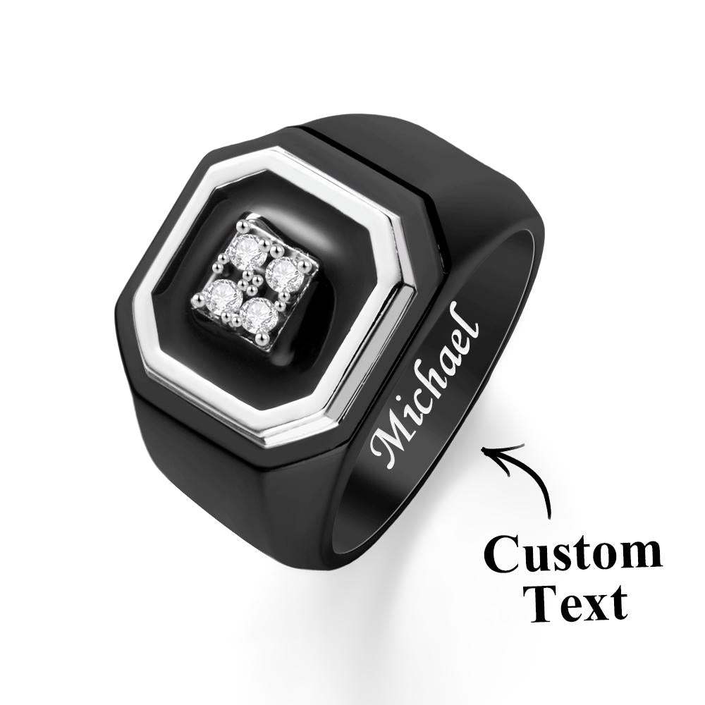 Engraved Ice Ring Black Decor Bright Stone Jewellery Ring For Men