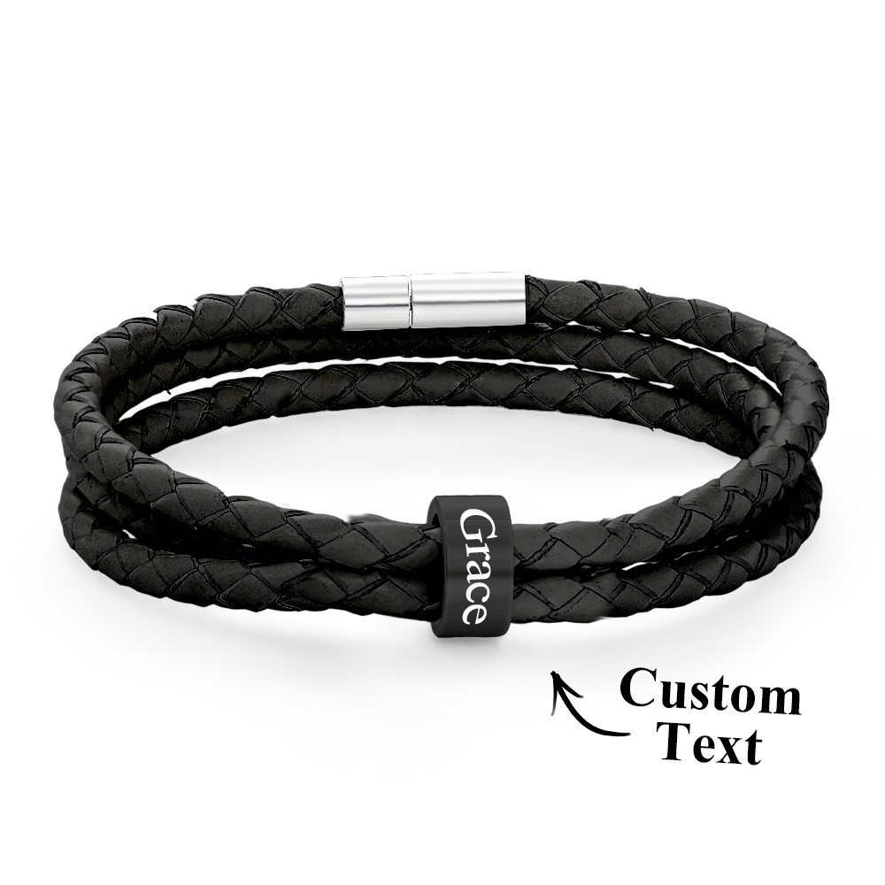 Men Braided Leather Bracelet with Small Custom Beads