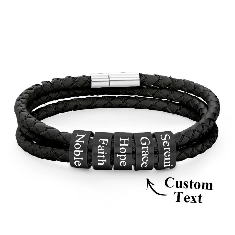 Men Braided Leather Bracelet with Small Custom Beads