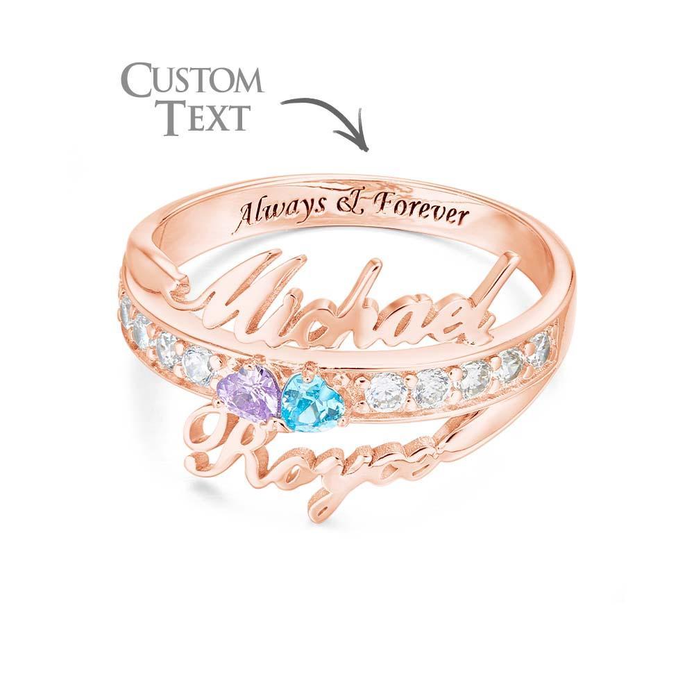 Custom Name and Text Double Heart Birthstone Promise Ring Anniversary Gift - soufeeluk